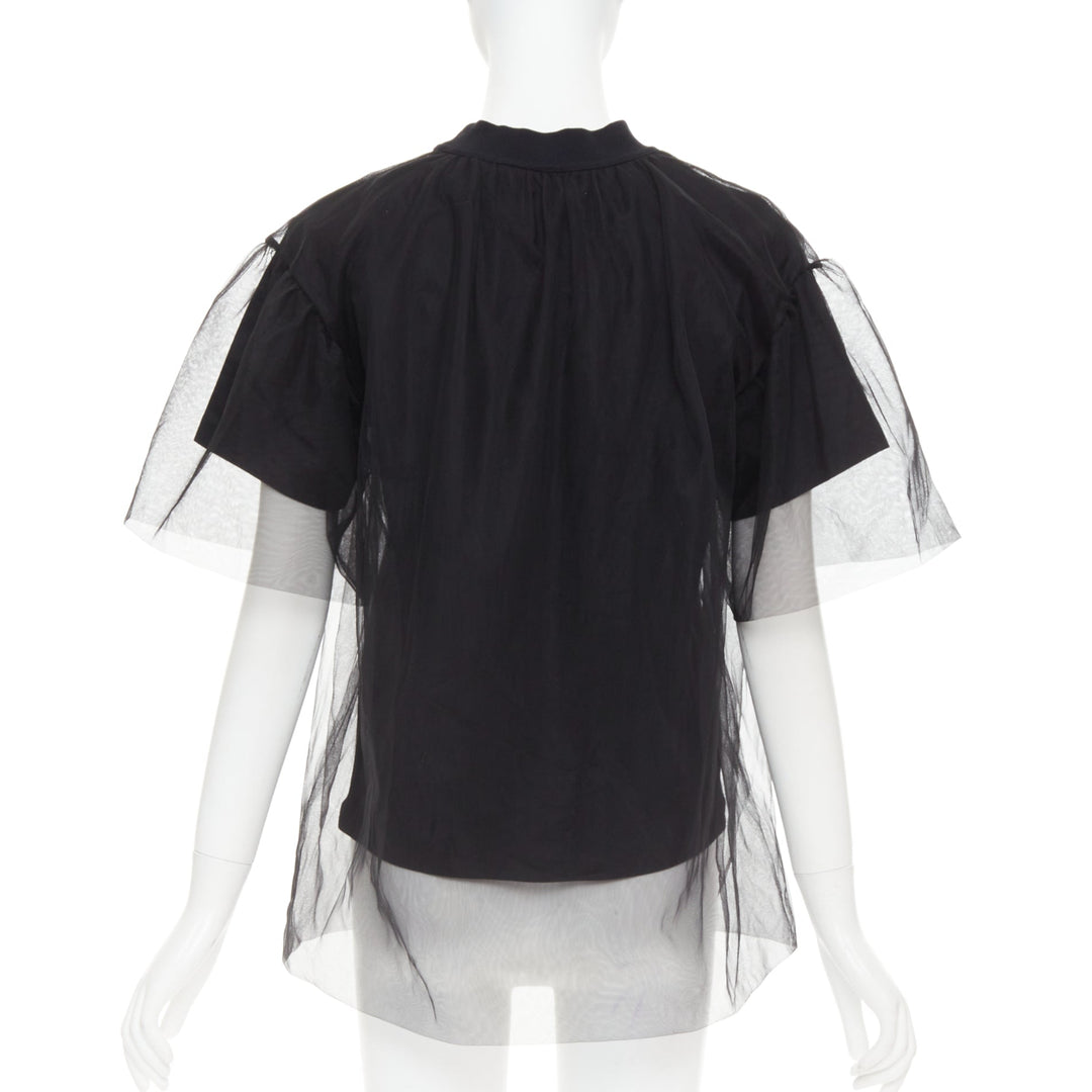 SHUSHU TONG Tulle T-shirt black mesh layered crew neck top UK6 XS