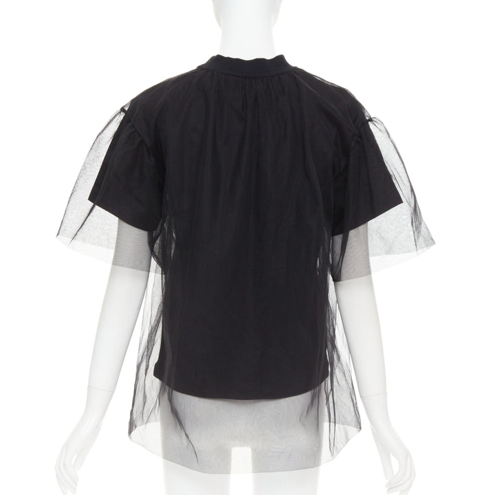 SHUSHU TONG Tulle T-shirt black mesh layered crew neck top UK6 XS