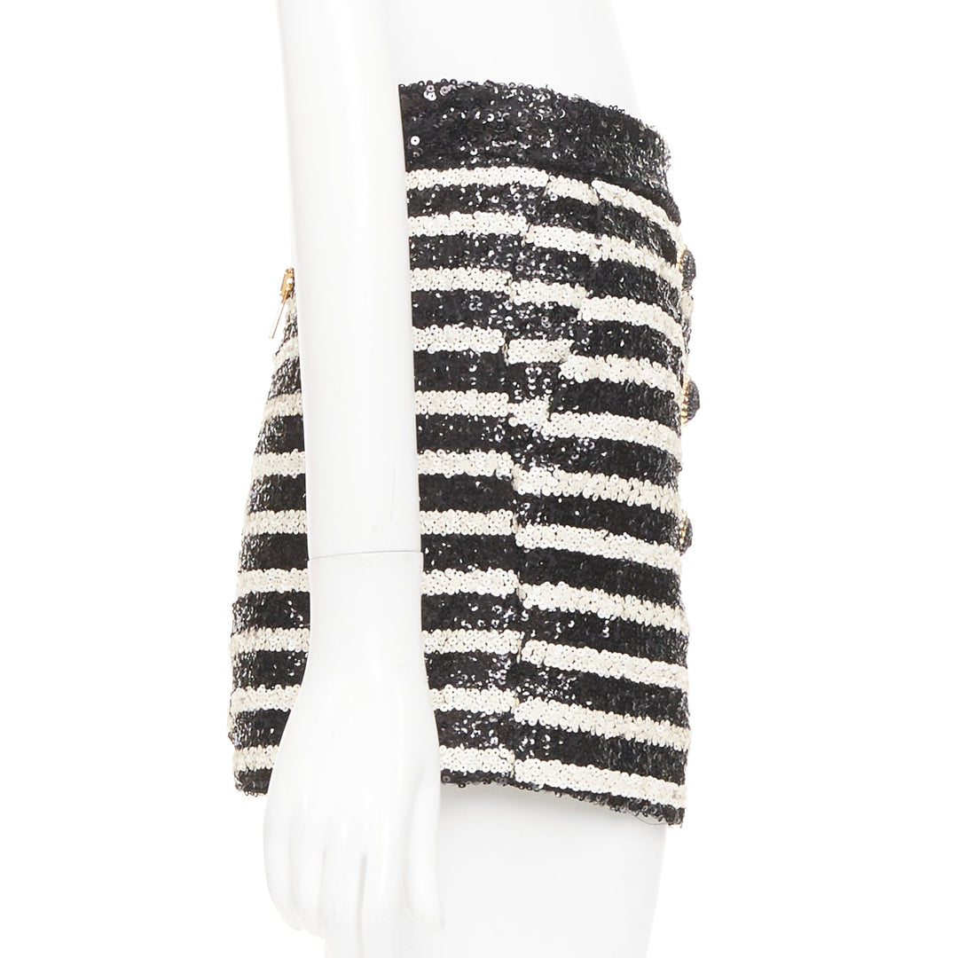 BALMAIN 2024 stripe sequin gold lion button high waist hot shorts FR34 XS