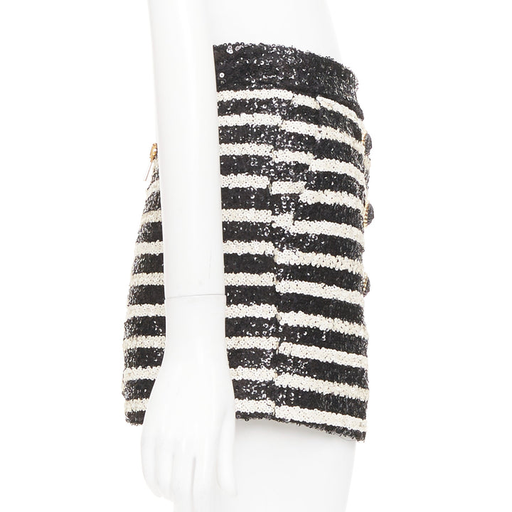 BALMAIN 2024 stripe sequin gold lion button high waist hot shorts FR34 XS