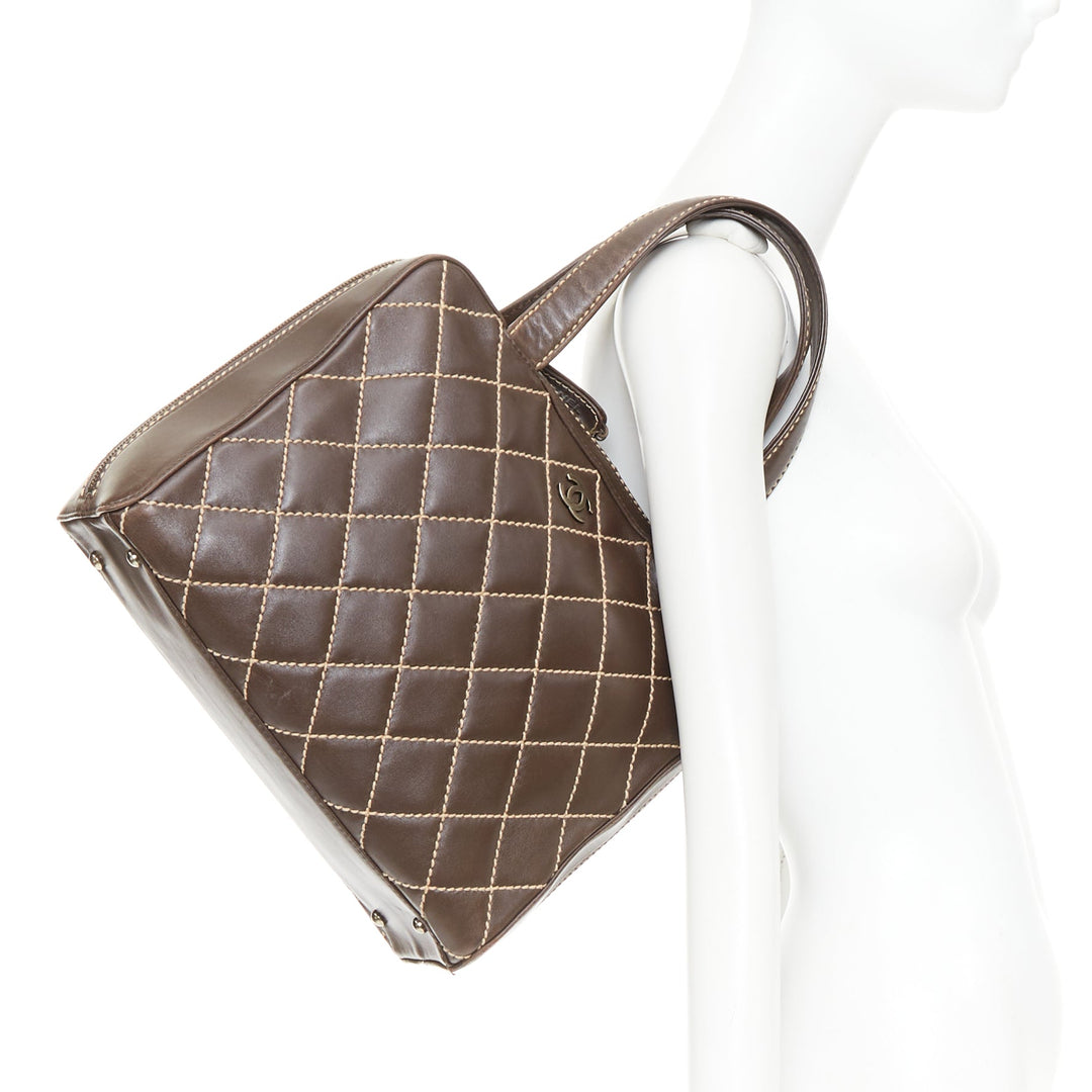 CHANEL Wild Stitch Surpique  brown lambskin leather matelasse bowler bag
