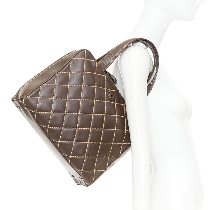 CHANEL Wild Stitch Surpique  brown lambskin leather matelasse bowler bag