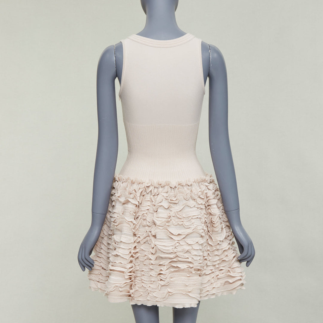 ALAIA pink beige wool blend square neck tiered ruffle cocktail dress FR36 S