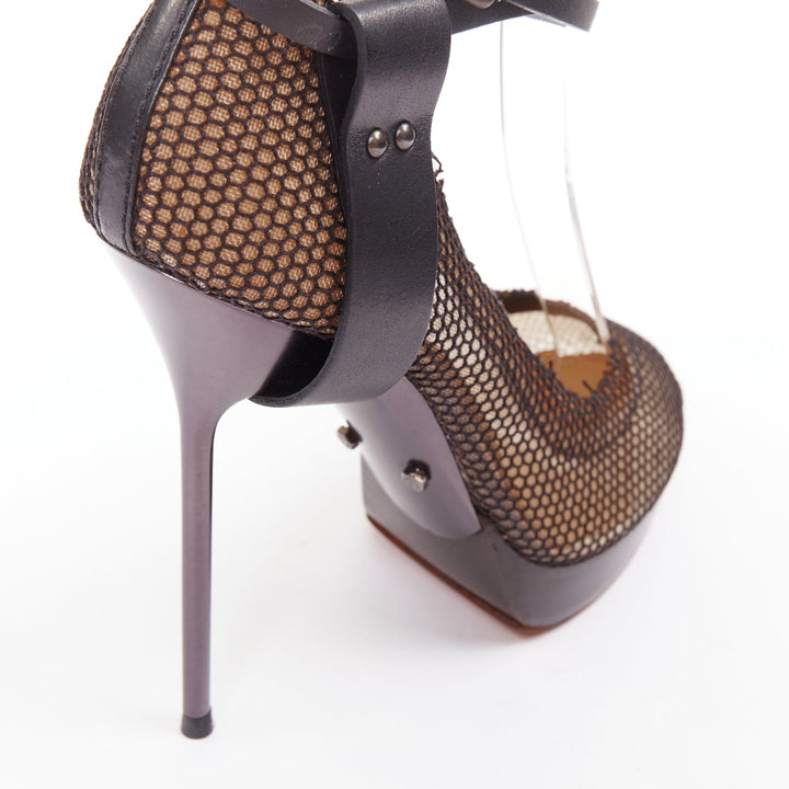LANVIN 2011 Runway black fishnet mesh ankle harness strap pin heels EU38.5