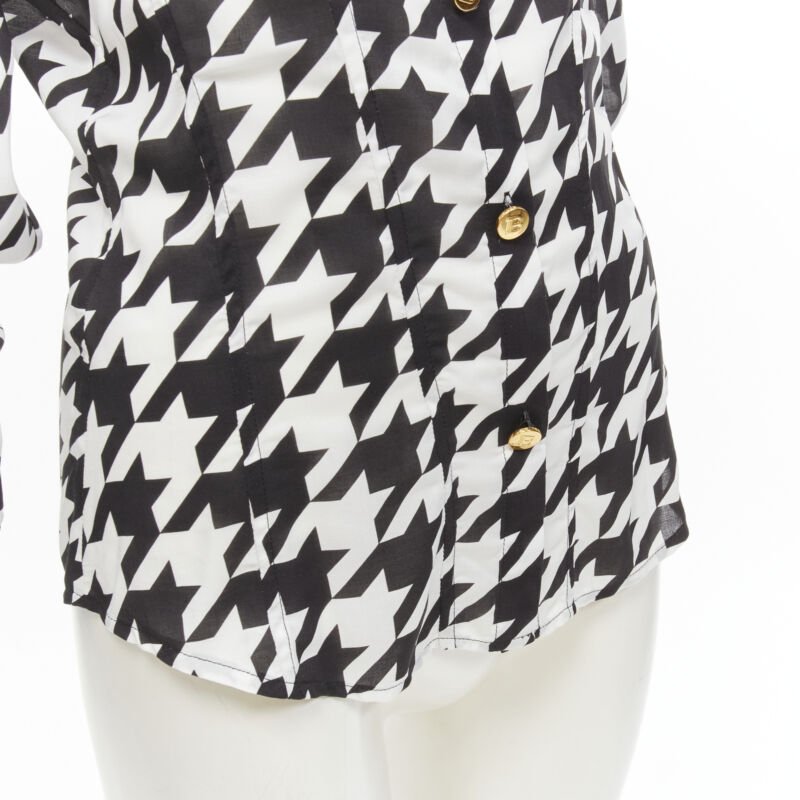 BALMAIN  black white houndstooth viscose gold B button long sleeve blouse FR38 S