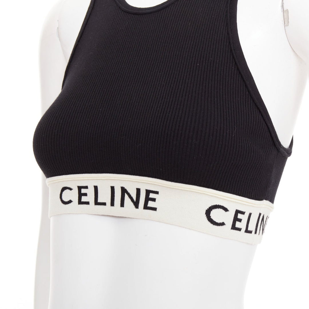 CELINE black cotton blend cream ribbed logo round neck bra top  Lisa Blackpink