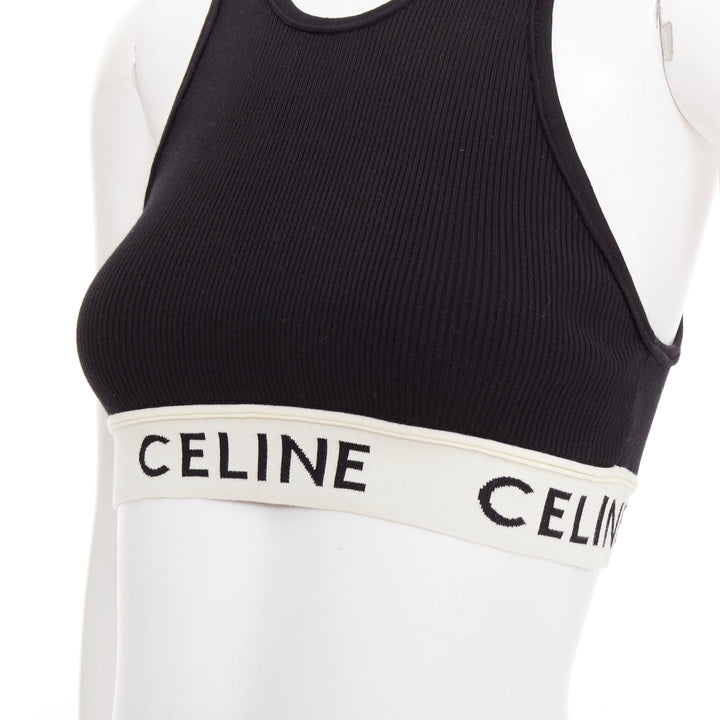 CELINE black cotton blend cream ribbed logo round neck bra top  Lisa Blackpink