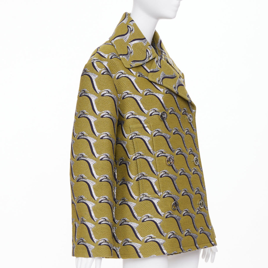GUCCI 2024 Runway green silver Heron bird jacquard double breast peacoat IT40 S