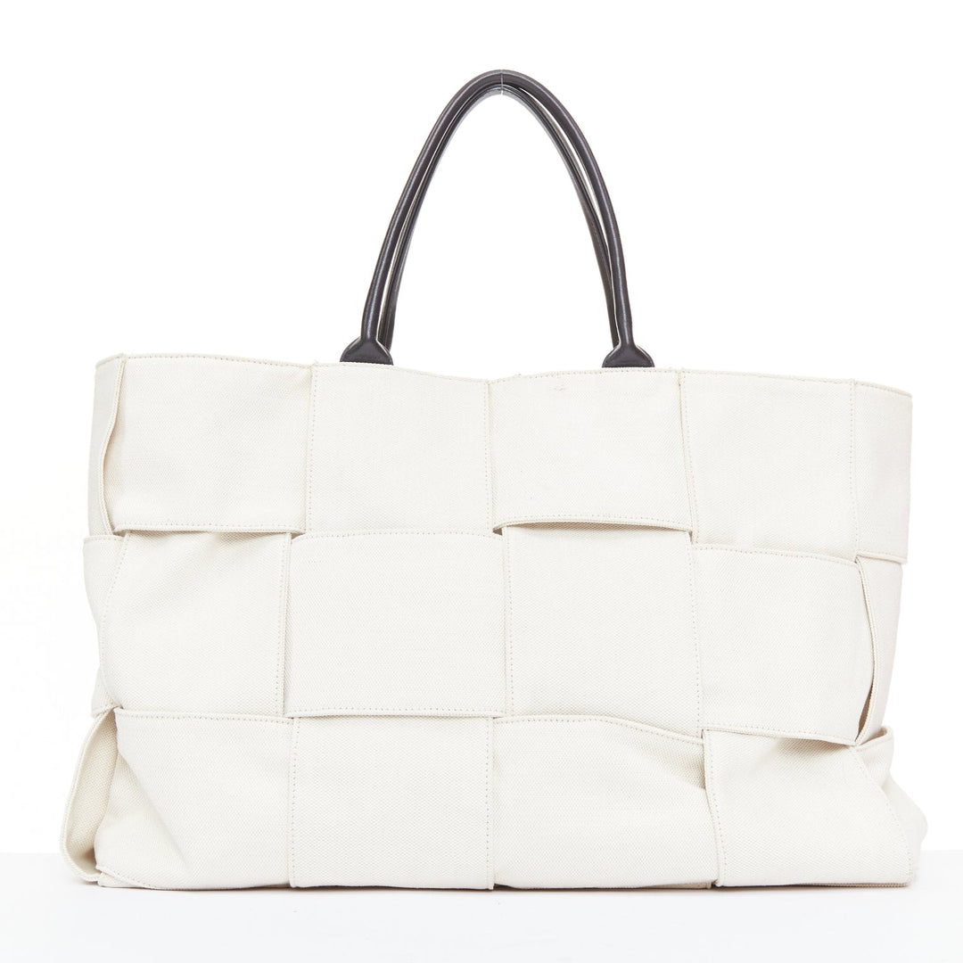 BOTTEGA VENETA Large Arco Intrecciato weave off white canvas black leather tote