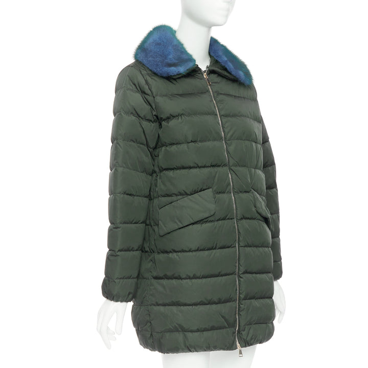 MONCLER Indis Giabotto blue fur collar khaki quilt puffer jacket Sz1