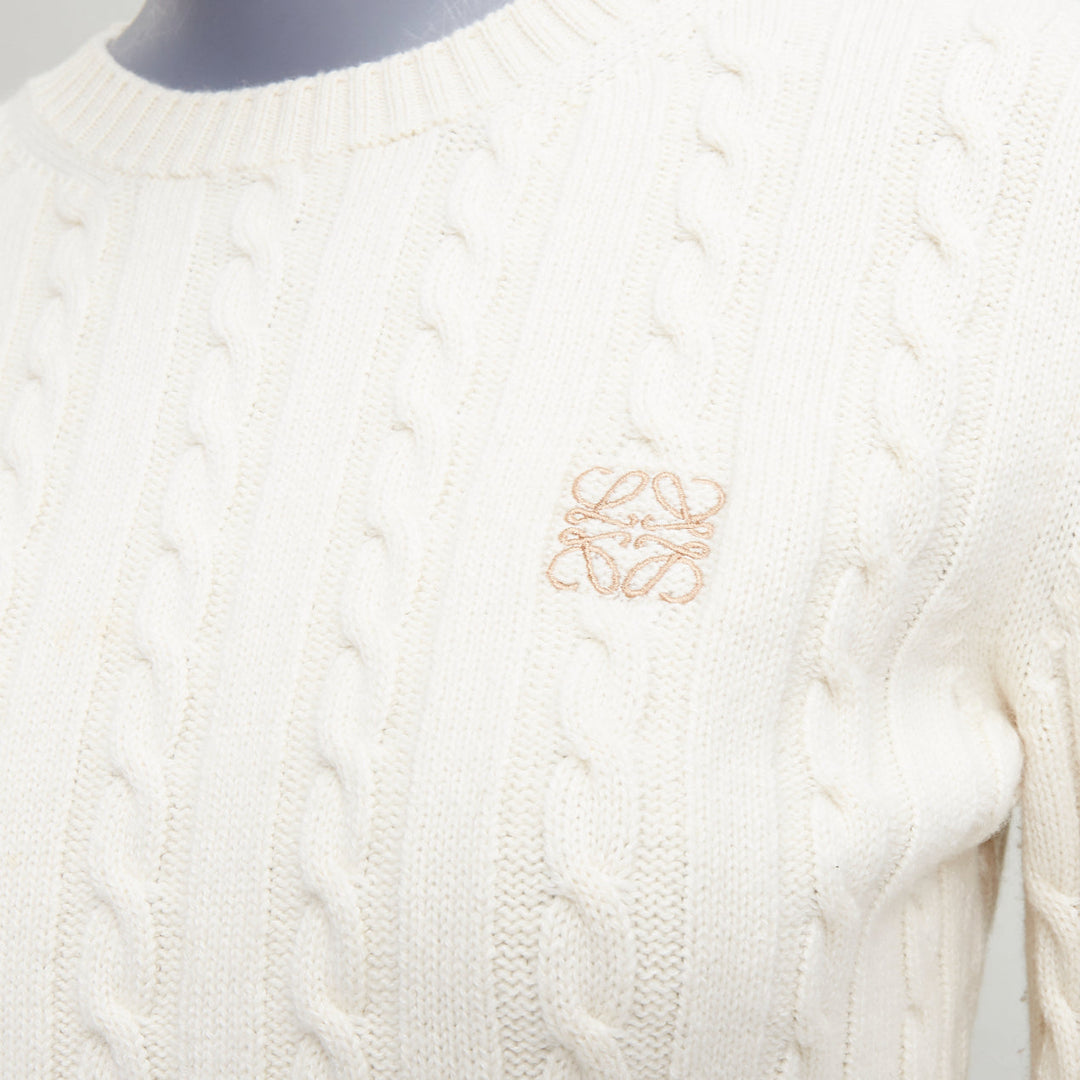 LOEWE ecru wool cotton anagram cable knit cropped sweater XS