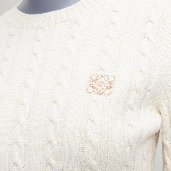 LOEWE ecru wool cotton anagram cable knit cropped sweater XS