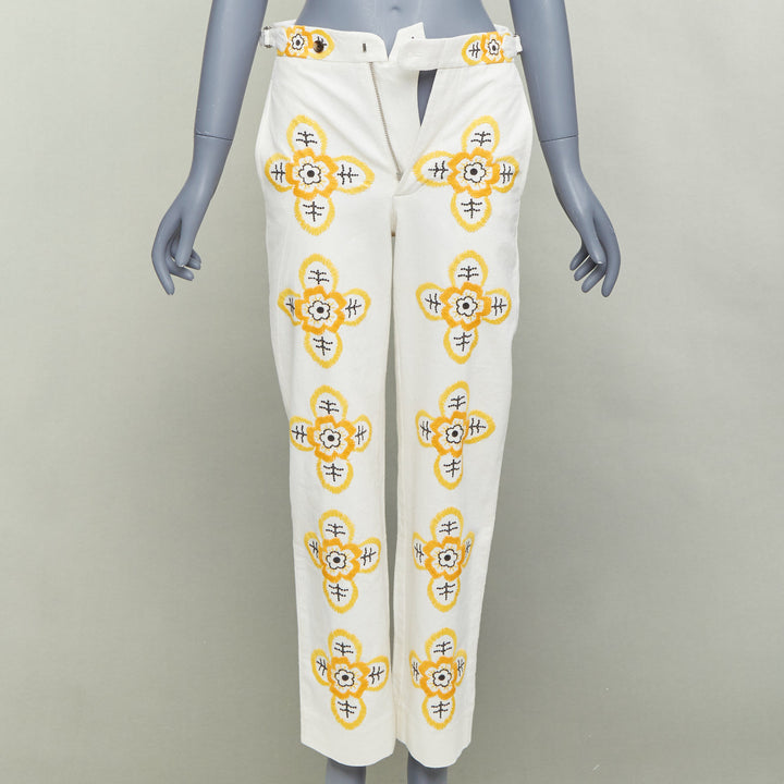 BODE Buttercup ecru yellow embroidery floral straight leg pants 25"