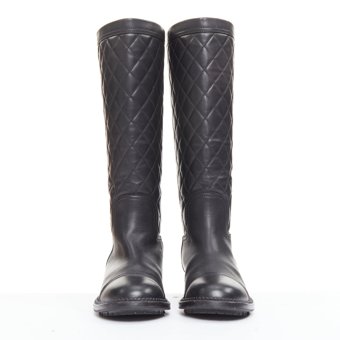 CHANEL black leather quilted CC logo stamp round toe riding boots EU38