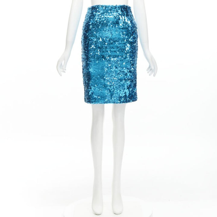 ALICE OLIVIA blue bling sequins side zip disco party pencil skirt US0 XS