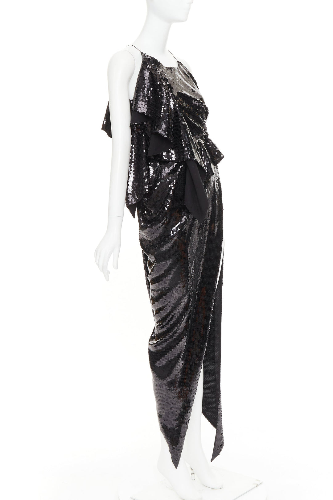 rare ALEXANDRE VAUTHIER COUTURE SS2022 Runway black sequin drape high slit dress