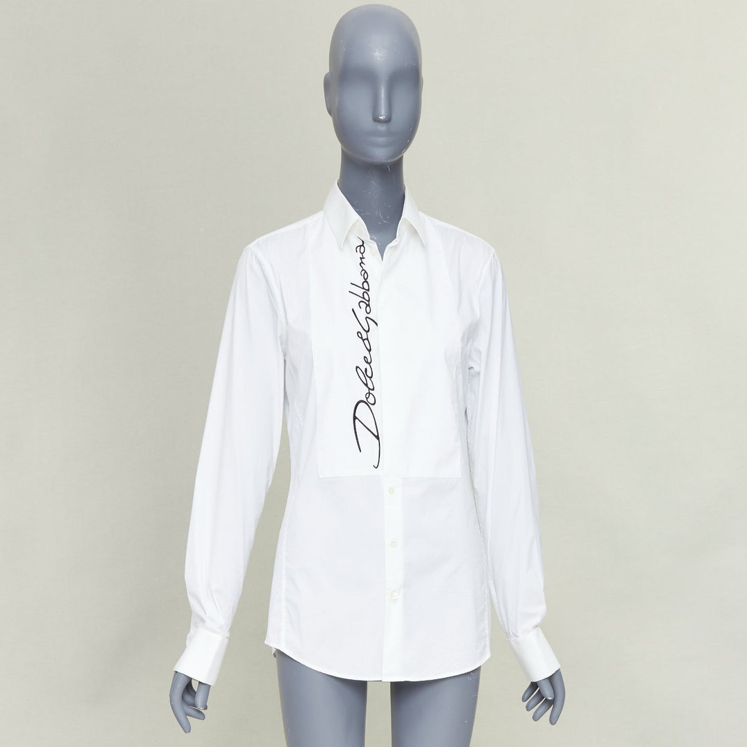 DOLCE GABBANA Sicilia white cotton black logo pleat sleeves shirt EU37 XS