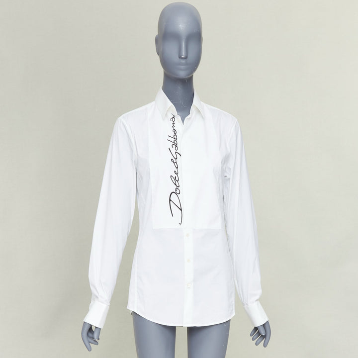 DOLCE GABBANA Sicilia white cotton black logo pleat sleeves shirt EU37 XS