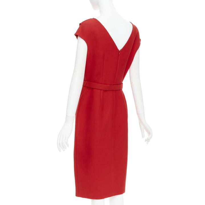 OSCAR DE LA RENTA R19 red wool silk cap sleeve belted sheath dress US8 L