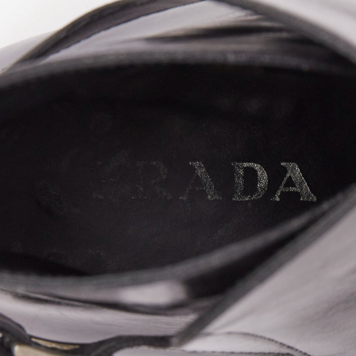 PRADA black calfskin silver rear buckle overlap round  ankle boots UK9.5 EU43.5