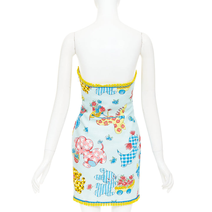MOSCHINO COUTURE! 2022 Runway Calico Animals blue strapless dress IT38 XS