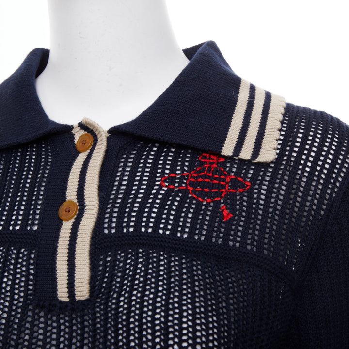 VIVIENNE WESTWOOD navy open stitch cotton linen embroidered orb polo top M