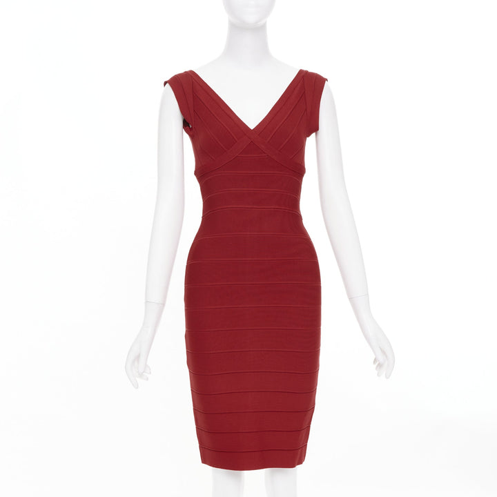 HERVE LEGER Karima Essentials red panel v neck stretch knit outerwear dress XS