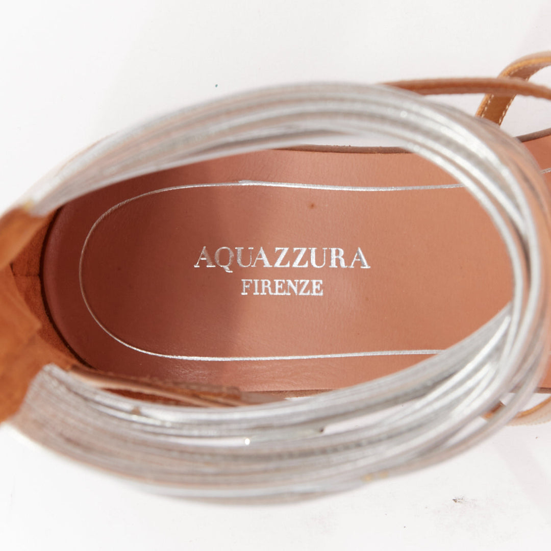 AQUAZZURA Spin Me Around silver coil nude leather gladiator flat sandals EU37.5