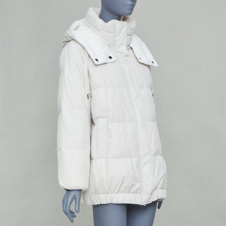 BRUNELLO CUCINELLI white puffer hooded cashmere trim down coat jacket IT40 S