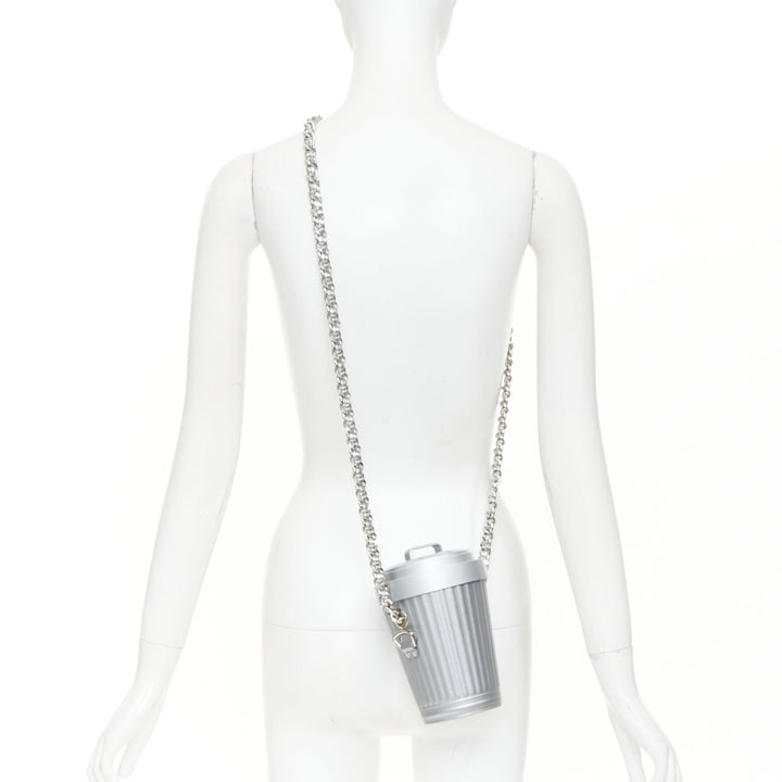 rare MOSCHINO 2017 Jeremy Scott Trash Can metallic silver chain crossbody bag