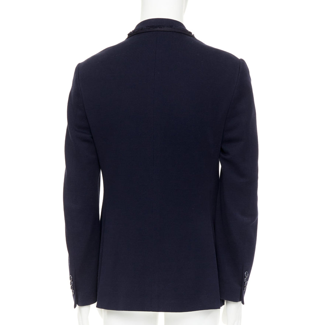ETRO New Jersey navy cotton raw edge grosgrain paisley lined blazer IT48 M