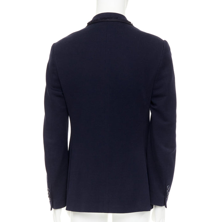 ETRO New Jersey navy cotton raw edge grosgrain paisley lined blazer IT48 M