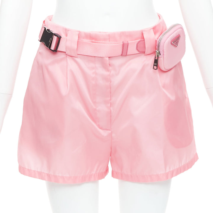 PRADA 2021 Re-Nylon pink triangle logo mini pouch high waist shorts IT38 XS