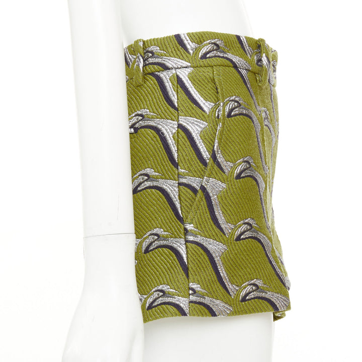 GUCCI 2024 Runway green grey Heron bird jacquard highwaist formal shorts IT38 XS