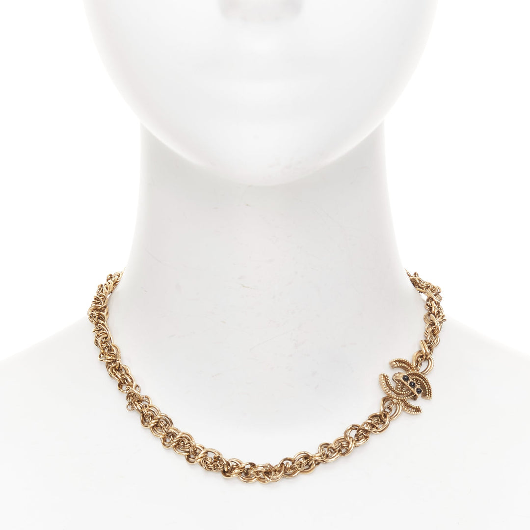 CHANEL 11A aged gold  braided multi link black crystal CC short necklace