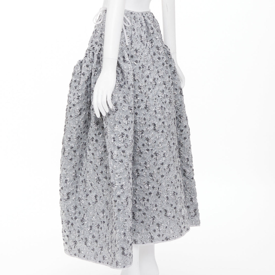 CECILIE BAHNSEN 2021 silver metallic cloque overlay flared midi skirt UK6 XS