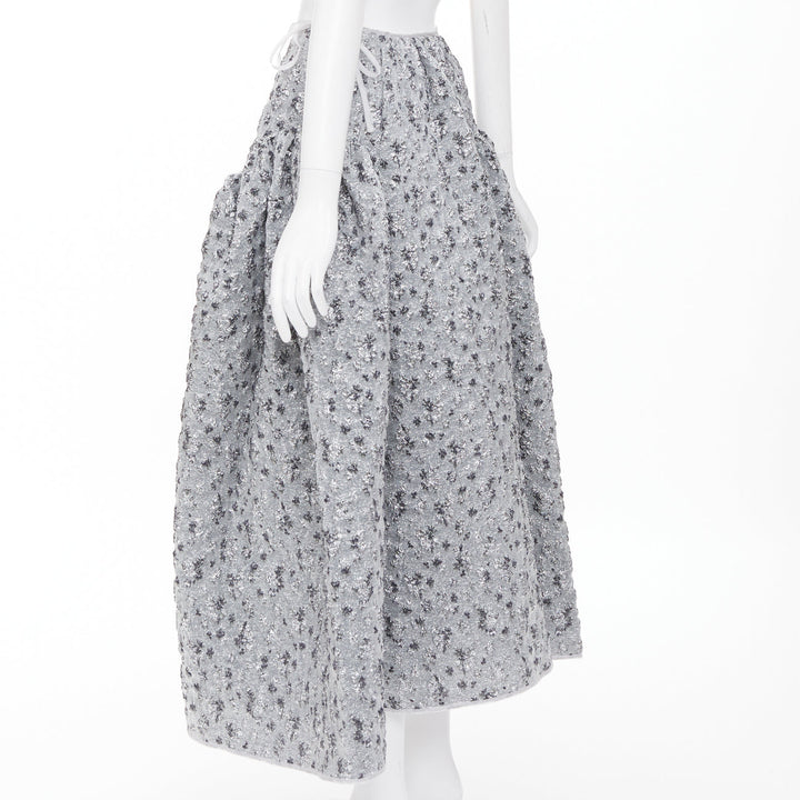 CECILIE BAHNSEN 2021 silver metallic cloque overlay flared midi skirt UK6 XS