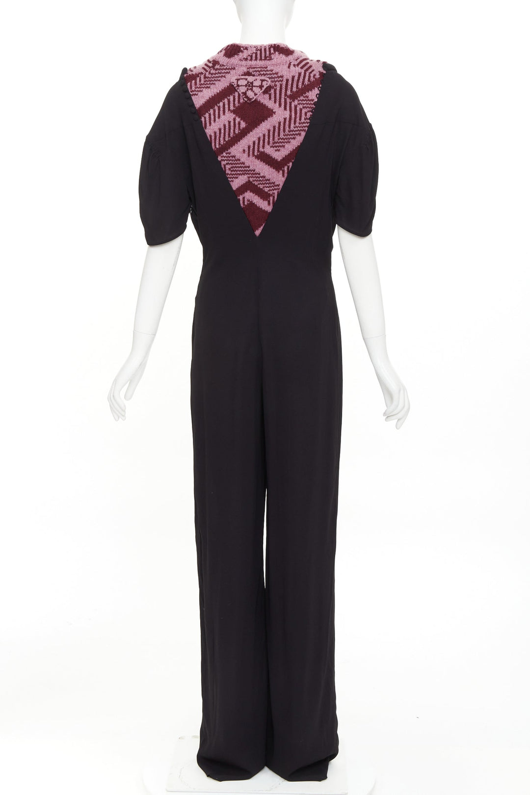 PRADA 2021 Runway pink sable jacquard wool knit trim pleated jumpsuit IT38 XS