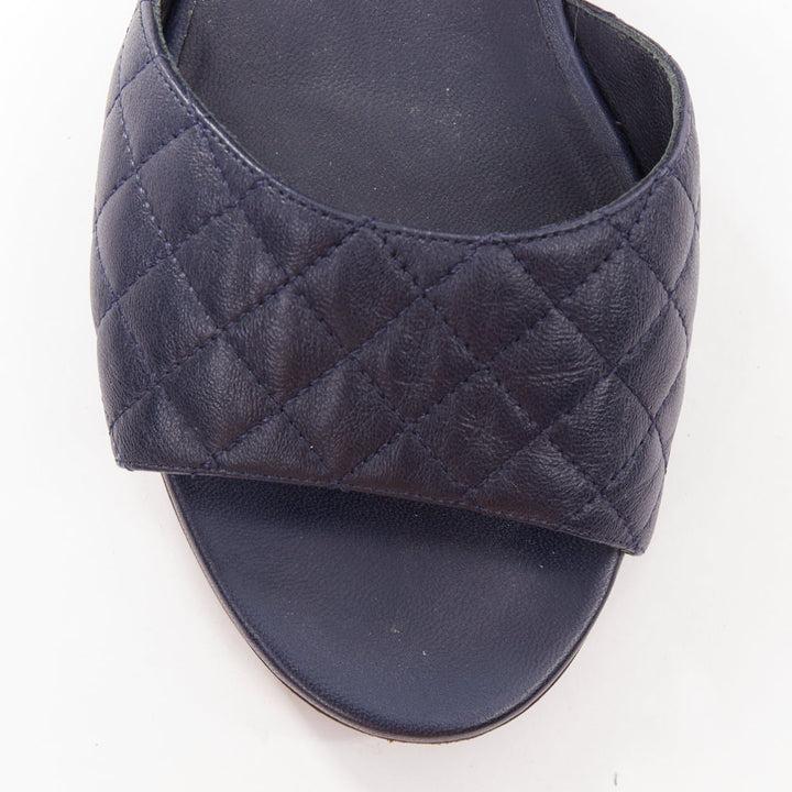 CHANEL navy quilted lambskin leather metallic tweed mary jane sandals EU39
