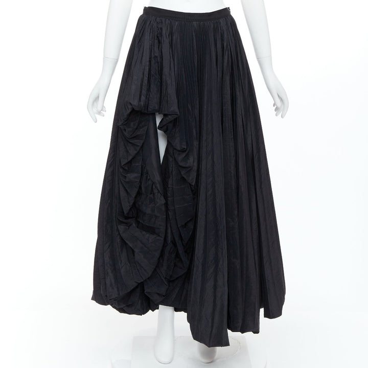 E. STOTT Ellen black pleated taffeta hi low side slit midi skirt UK10 M