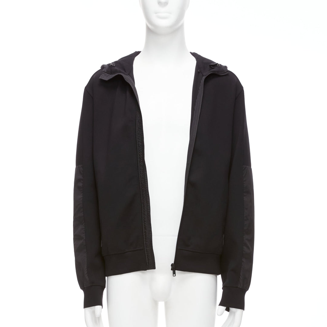 PRADA 2018 black technical jersey fabric nylon panelled sleeve hooded zip up M