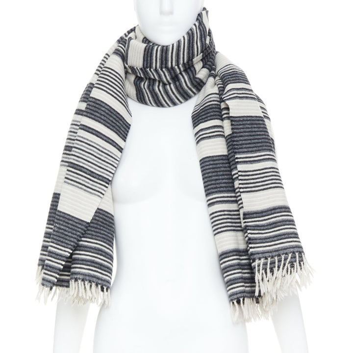 MISSONI monochrome horizontal striped wool blend knit blanket fringe scarf