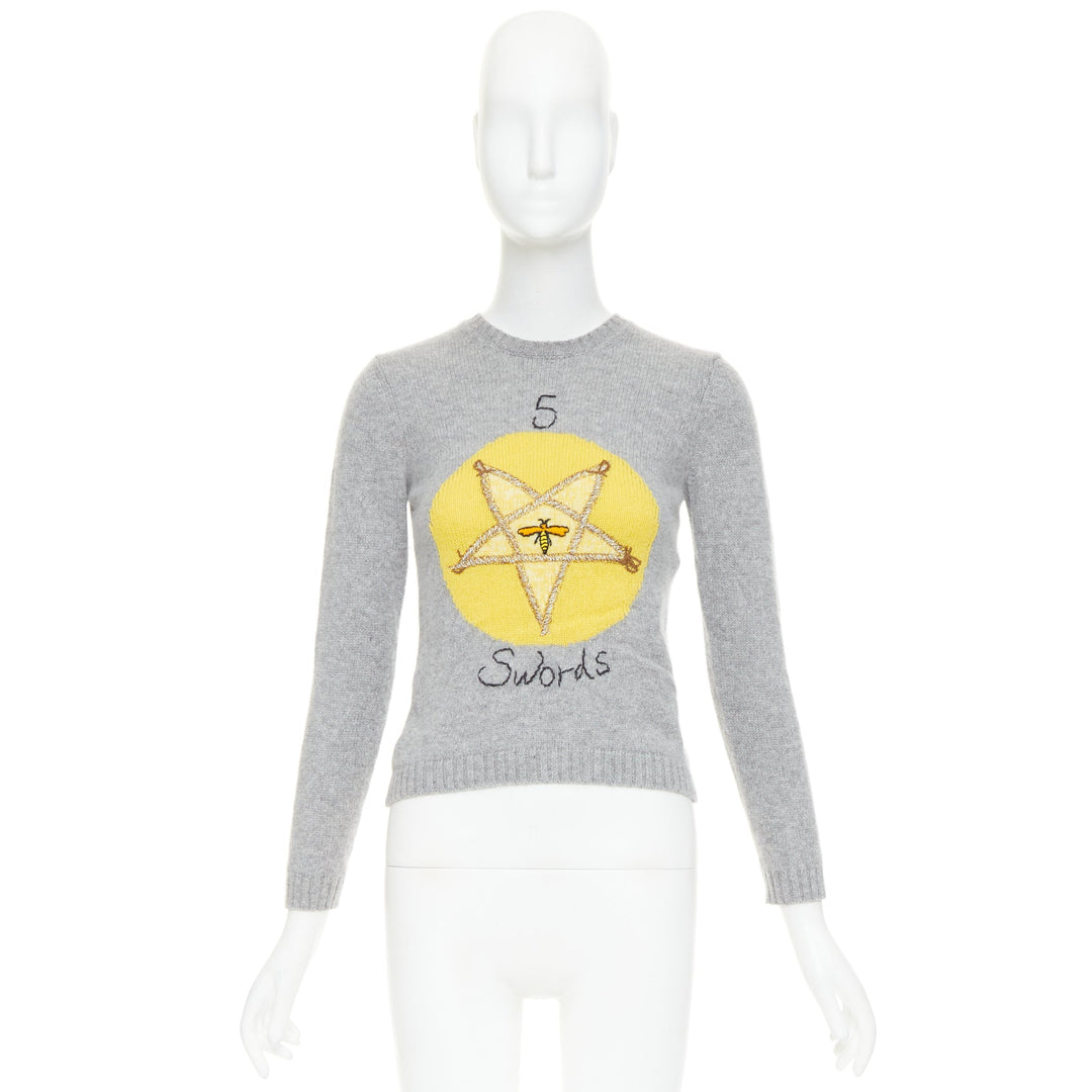 CHRISTIAN DIOR 100% cashmere 5 Swords grey yellow embroidered sweater  FR34 XS
