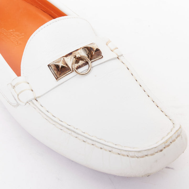 HERMES Irving white swift leather silver stud driving loafers EU35.5
