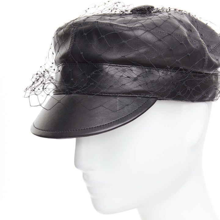 DIOR Arty black soft leather mesh veil CD bee lined newsboy hat