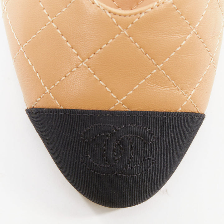 CHANEL nude lambskin stitching grosgrain CC toe cap ankle strap flats EU38.5