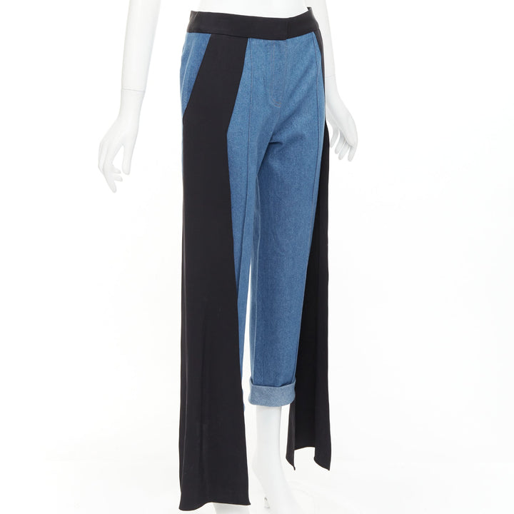 HELLESSY Jagger blue denim black silk panels deconstructed cropped pants US2 S