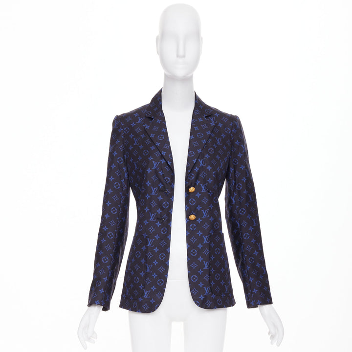 LOUIS VUITTON navy blue lightweight silk LV monogram gold button blazer FR34 XS