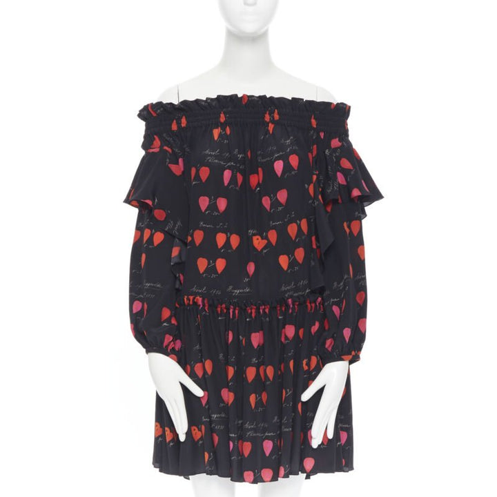 ALEXANDER MCQUEEN black red petal print silk ruffle off shoulder dress IT40