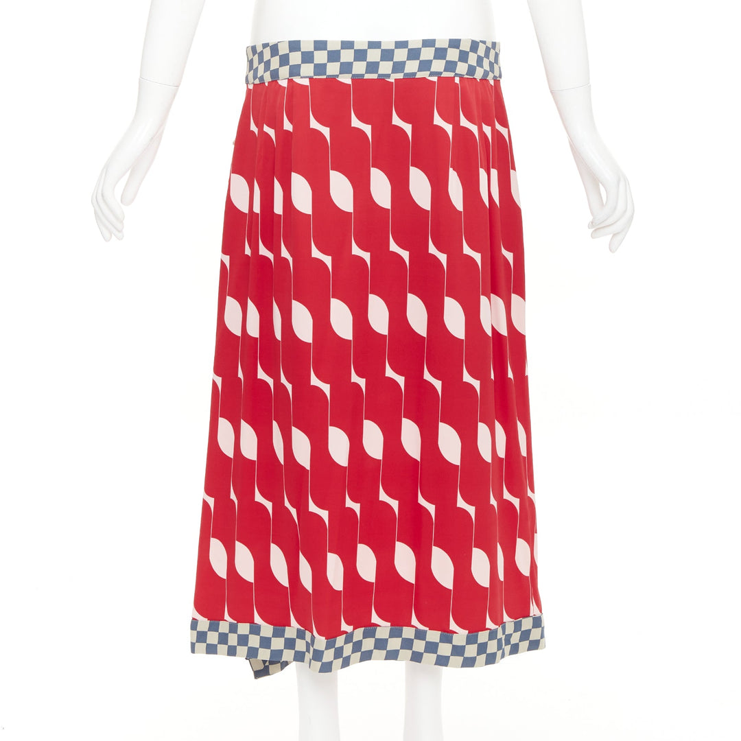 DRIES VAN NOTEN 2024 red silk geometric print wrap checkered midi skirt FR38 M